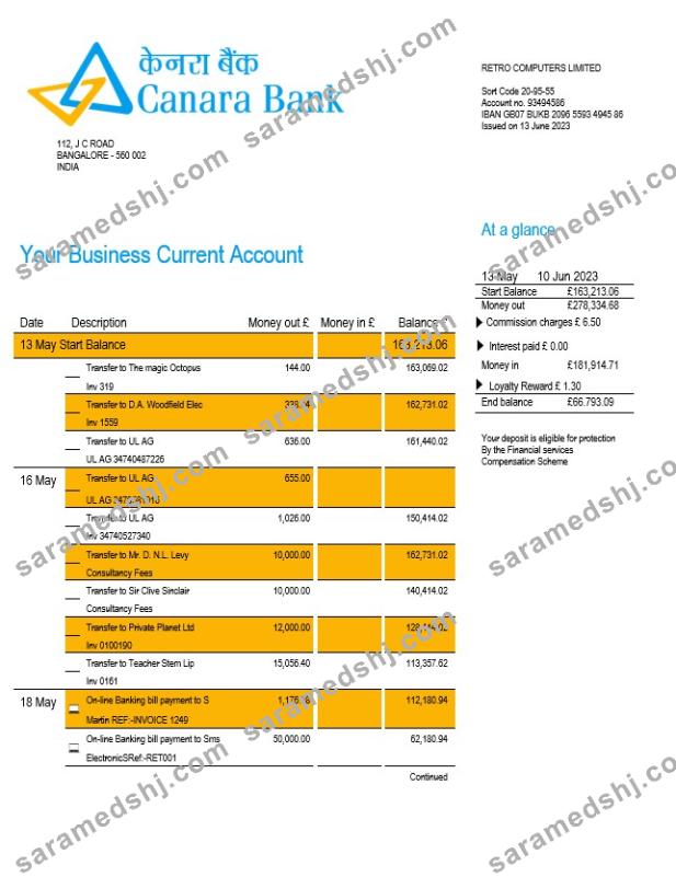 Canara Bank corporate checking account statement Word and PDF template